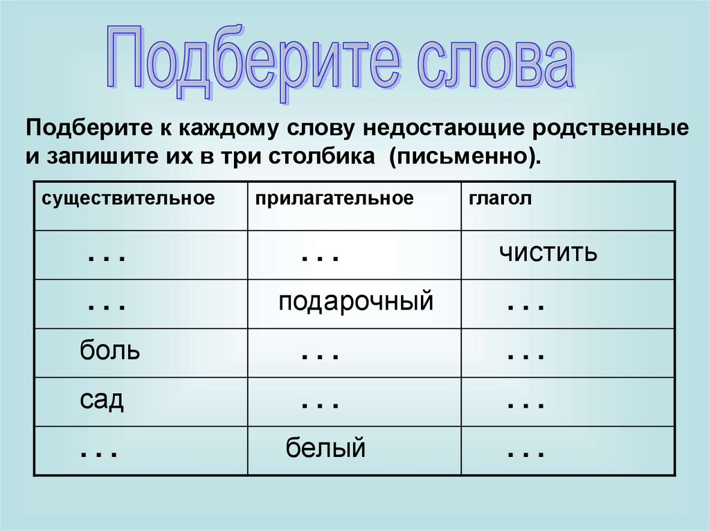 Подберите к каждому слову. Подбери к каждому слову. Подбери и запиши к каждому слову такое родственное слово. Родственные слова и запиши их. Подберите каждому слову родственные слова.