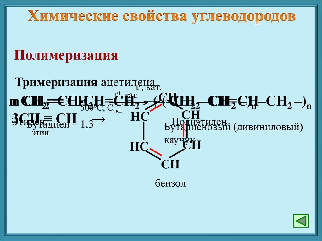 Химические свойства углеводородов. Тирмеризаци ацетилена. Тримеризация ацетилена. Тримеризация метилацетилена.