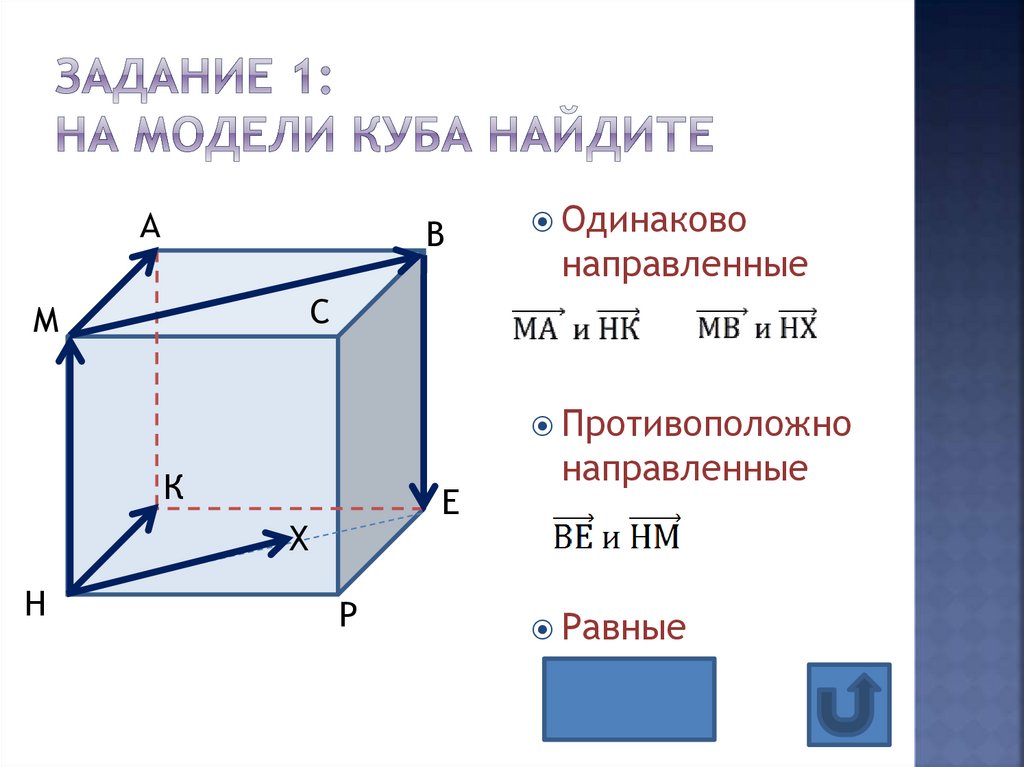 Привести примеры по чертежу куба с ребром 3 см коллинеарные векторы сонаправленные векторы