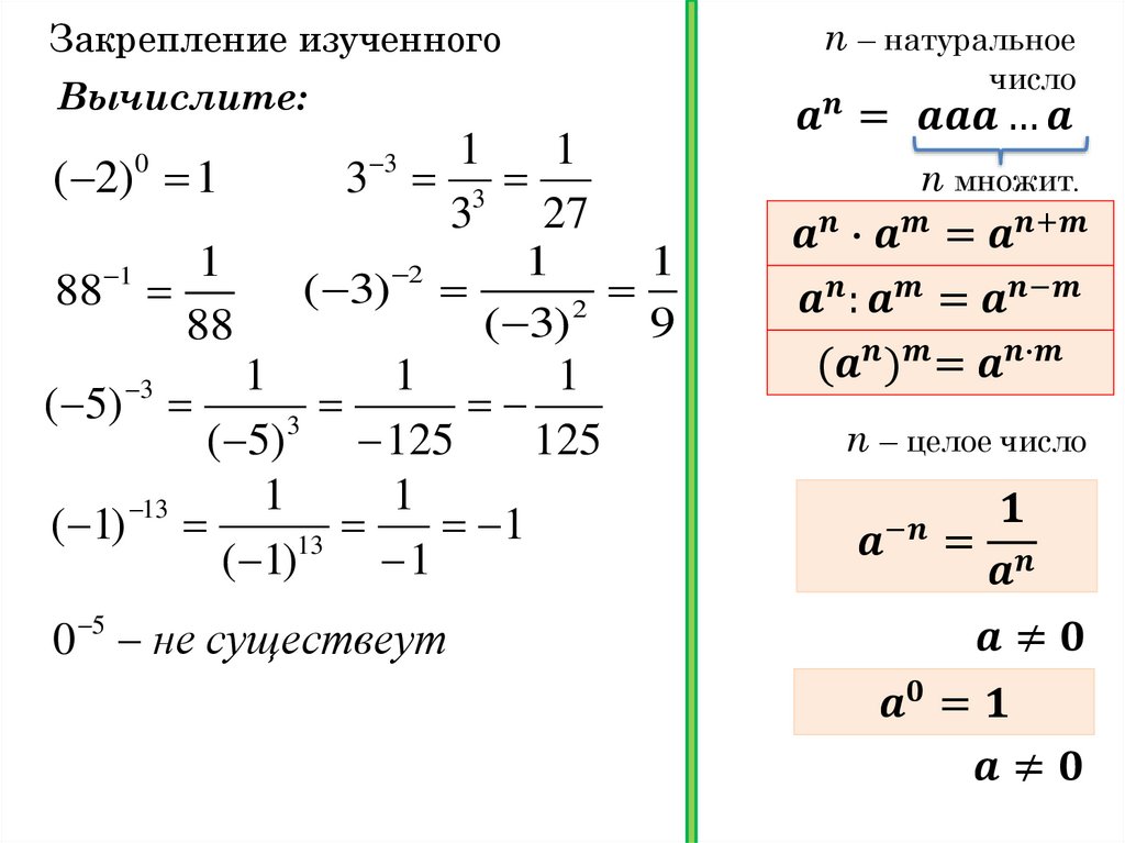 Степень с отрицательным показателем класс