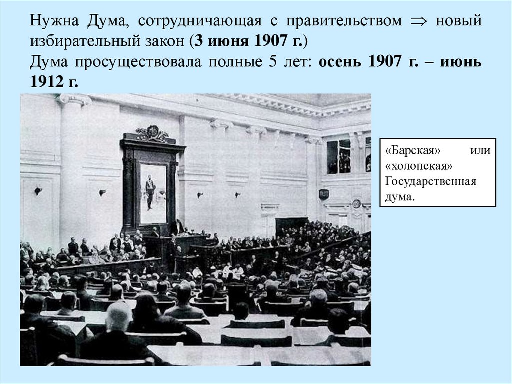 III государственная Дума. Третья государственная Дума 1907-1912. Избирательный закон 1907 года. 3 Государственная Дума отношение к правительству.