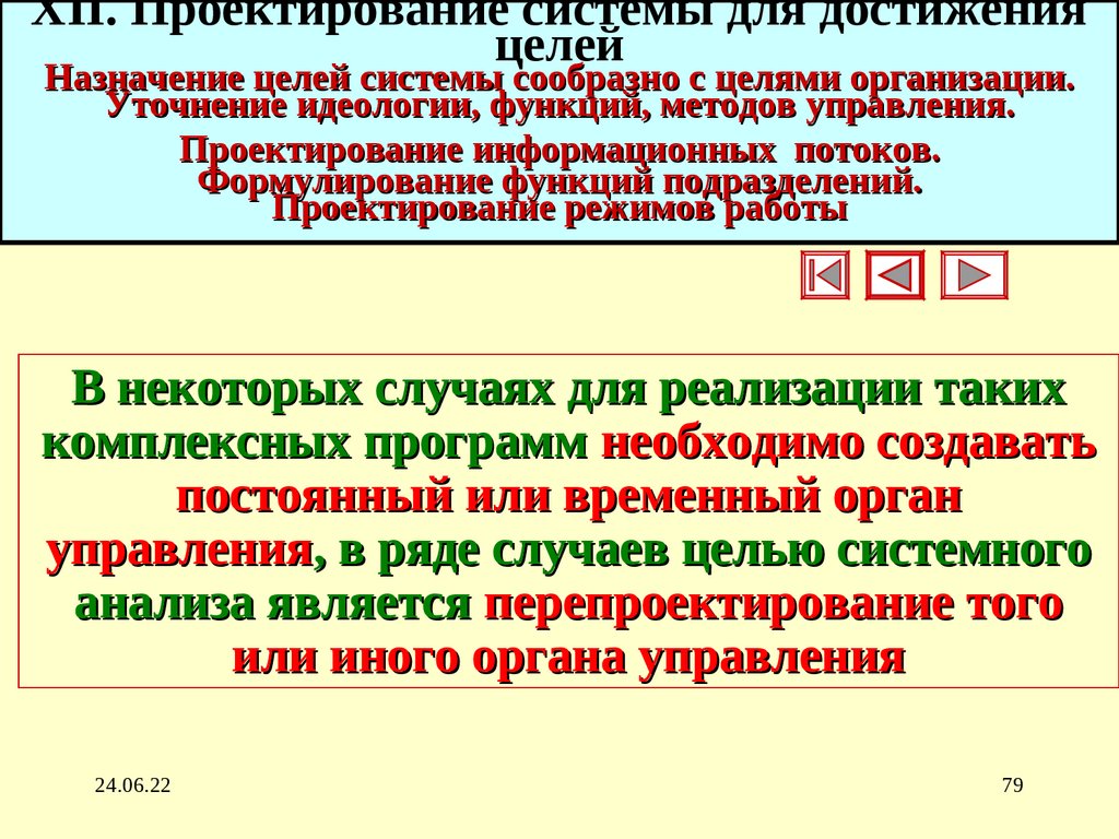 XII. Проектирование системы для достижения целей Назначение целей системы сообразно с целями организации. Уточнение идеологии,