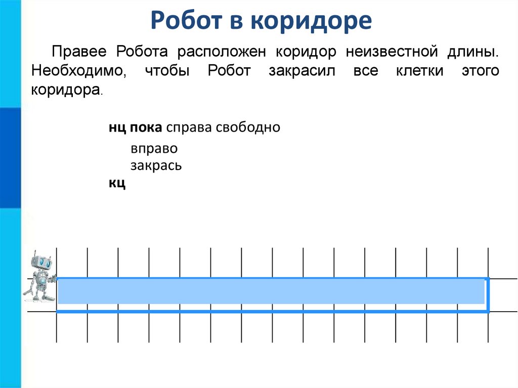 Со расположена. Правее робота расположен коридор неизвестной длины. Робот находится в коридоре. Робот в коридоре правее робота. Робот находится в коридоре длиной 5 клеток.