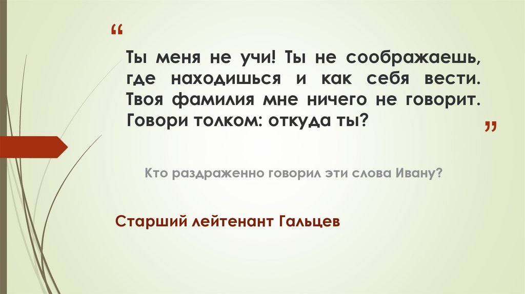 Ты меня не учи! Ты не соображаешь, где находишься и как себя вести. Твоя фамилия мне ничего не говорит. Говори толком: откуда