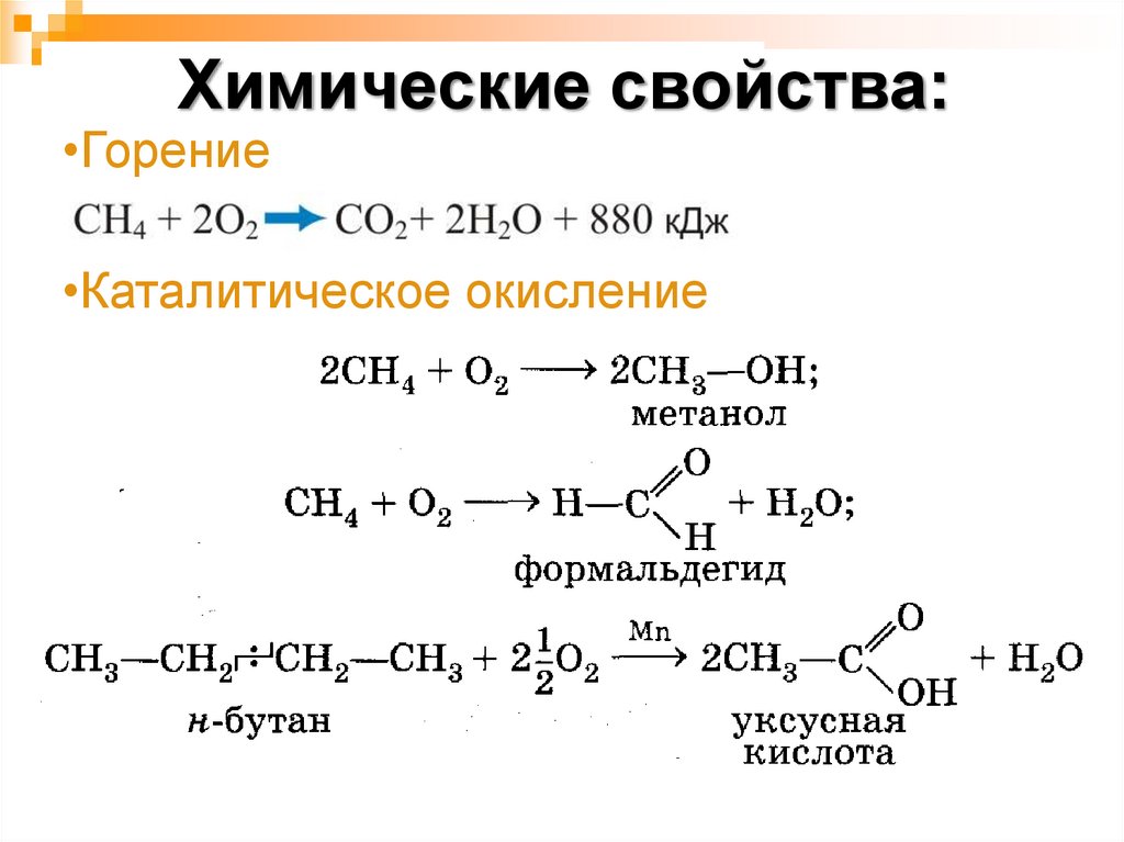 Взаимодействие этановой кислоты с метанолом. Каталитическое окисление метилового спирта. Реакция горения углеводородов бутана. Каталитическое окисление предельных углеводородов. Химические свойства горения метанола.