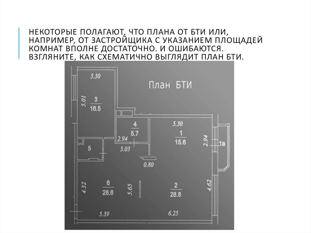 Некоторые полагают, что плана от БТИ или, например, от застройщика с указанием площадей комнат вполне достаточно. И ошибаются.