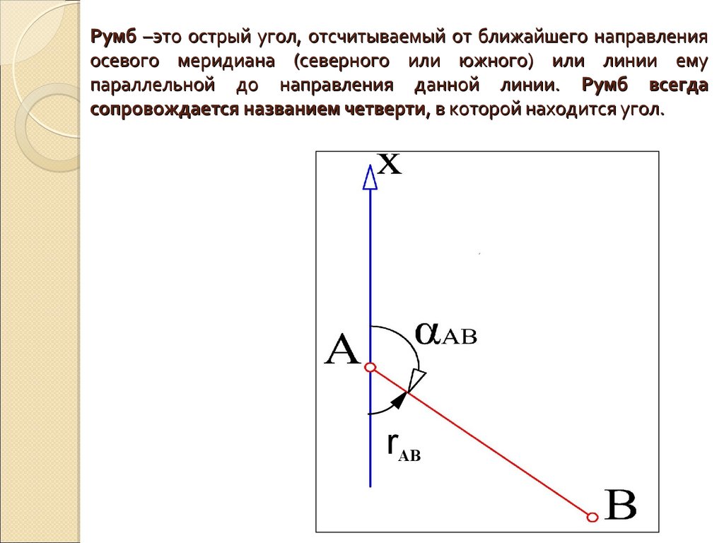 Румбом линии. Северное направление осевого меридиана. Румб это угол. Расстояние от точки до осевого меридиана. Румб это острый горизонтальный угол отсчитанный от.