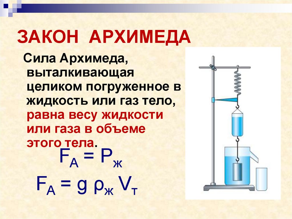 Архимедова сила равна весу вытесненной жидкости. Сила Архимеда формула. Сила Архимеда через высоту погружения.