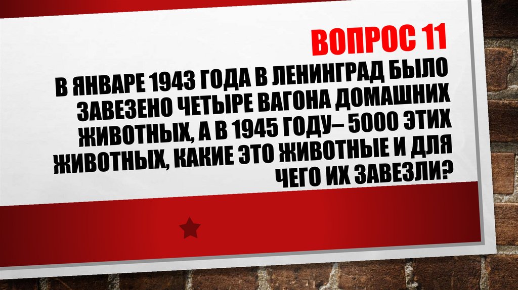 ВОПРОС 11 В январе 1943 года в Ленинград было завезено четыре вагона домашних животных, а в 1945 году– 5000 этих животных,