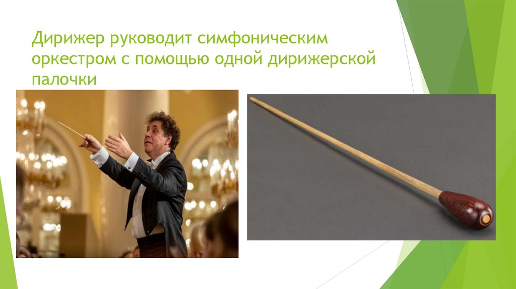 Дирижер руководит симфоническим оркестром с помощью одной дирижерской палочки