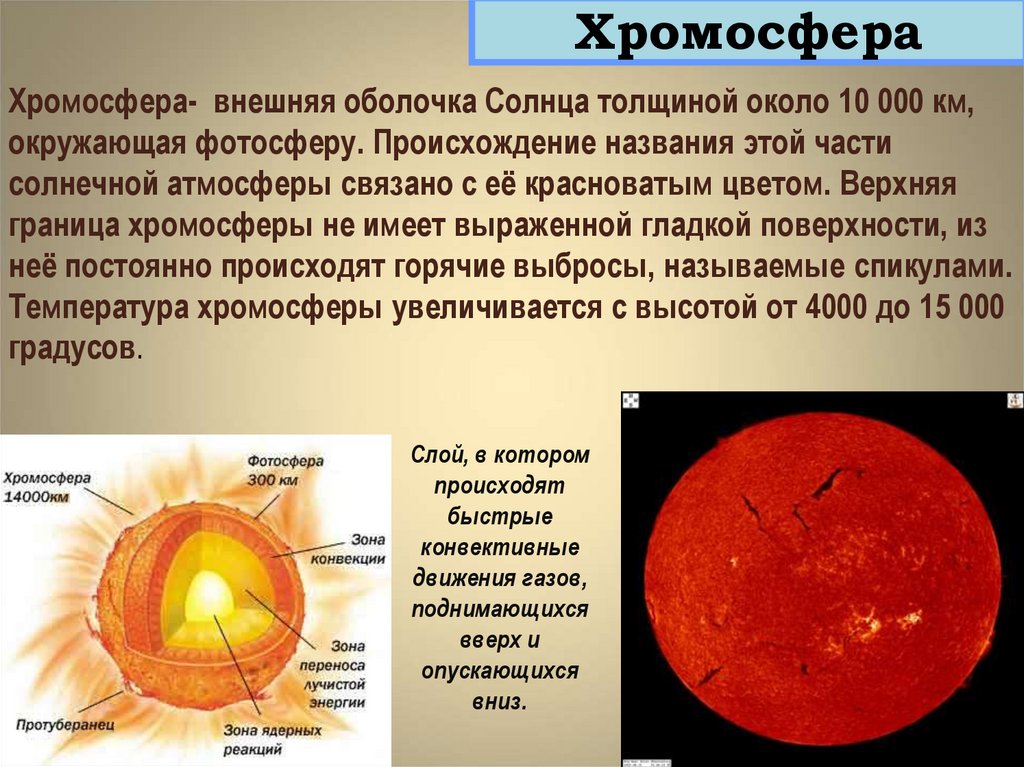 Хромосфера- внешняя оболочка Солнца толщиной около 10 000 км, окружающая фотосферу. Происхождение названия этой части солнечной