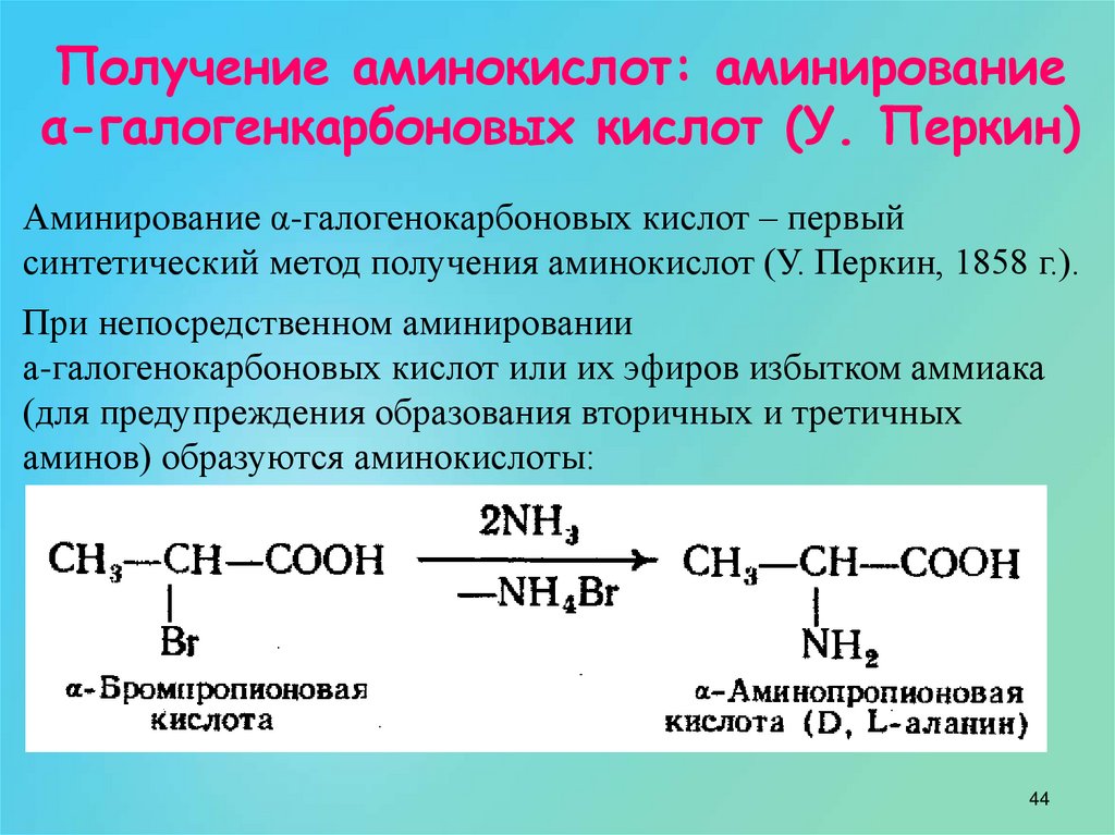 Получение аминокислот: аминирование α-галогенкарбоновых кислот (У. Перкин)