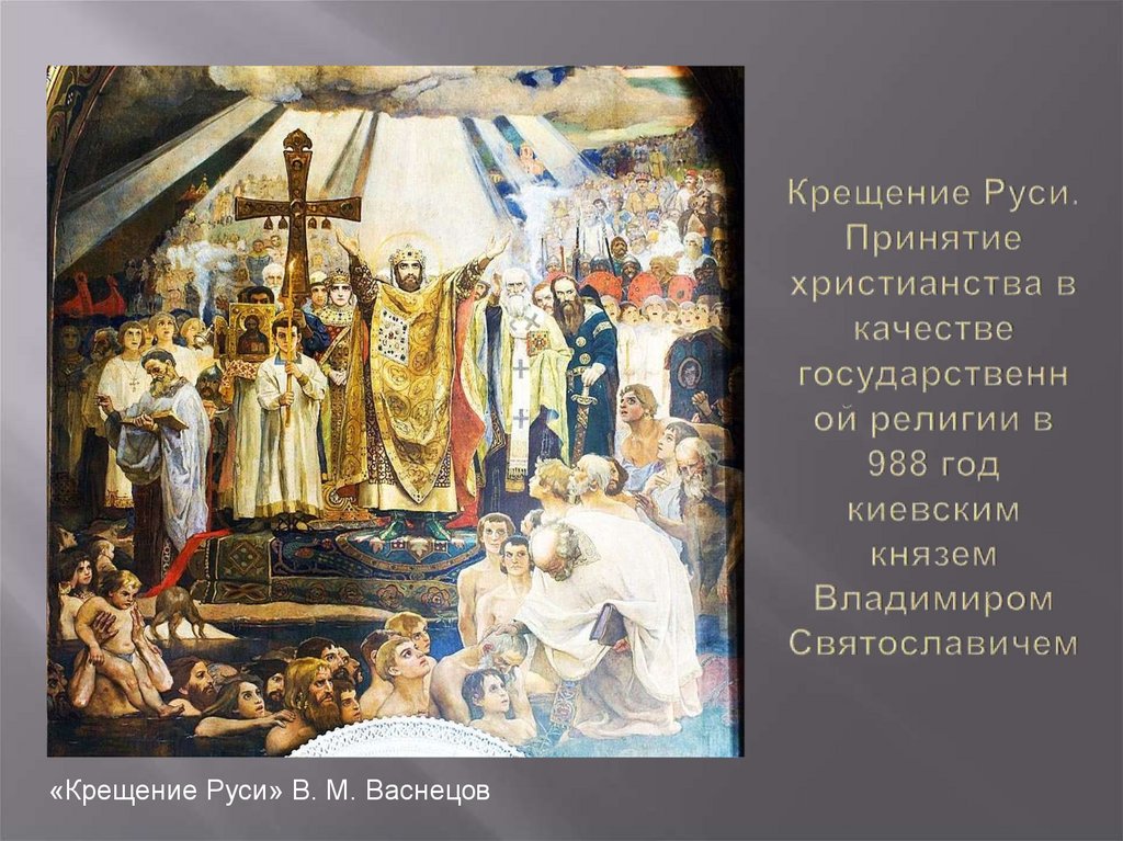 Первый православный князь. 988 Г. – крещение князем Владимиром Руси. 988 Год принятие христианства на Руси.