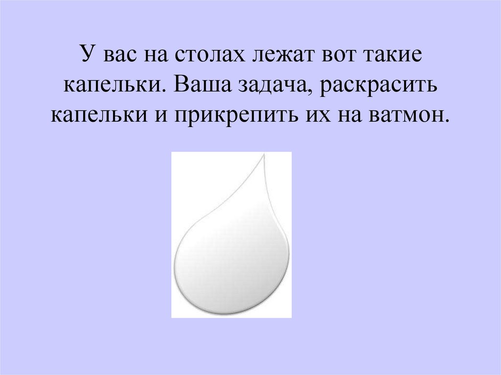 У вас на столах лежат вот такие капельки. Ваша задача, раскрасить капельки и прикрепить их на ватмон.