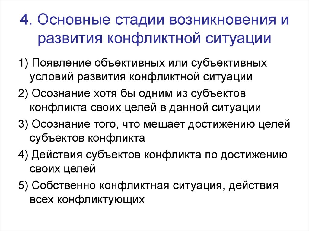 Стадии развития конфликтной ситуации. Этапы развития конфликтной ситуации. Возникновение конфликтной ситуации. Субъективные условия.