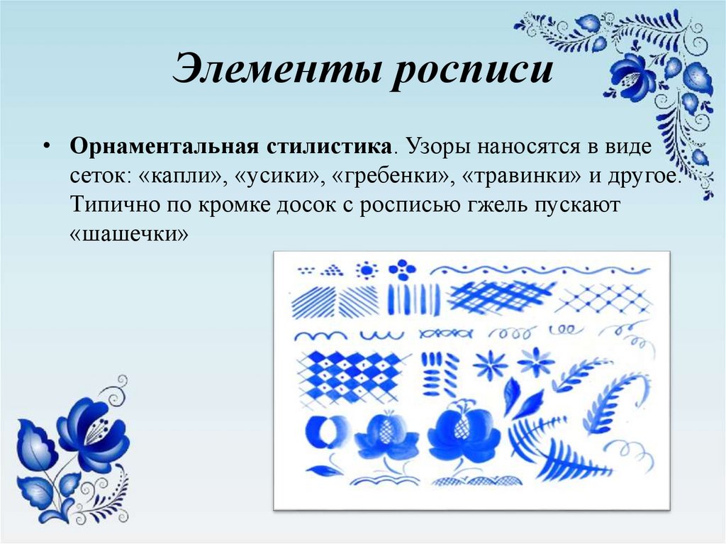 Искусство гжели осваиваем приемы. Основные элементы гжельской росписи с названиями. Таблица элементов гжельской росписи. Элементы гжельской росписи для детей. Мотивы гжельской росписи.