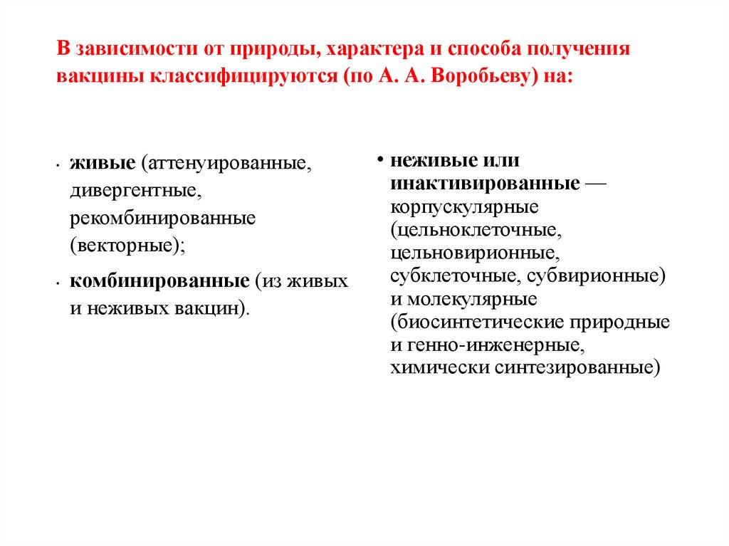 В зависимости от природы, характера и способа получения вак­цины классифицируются (по А. А. Воробьеву) на: