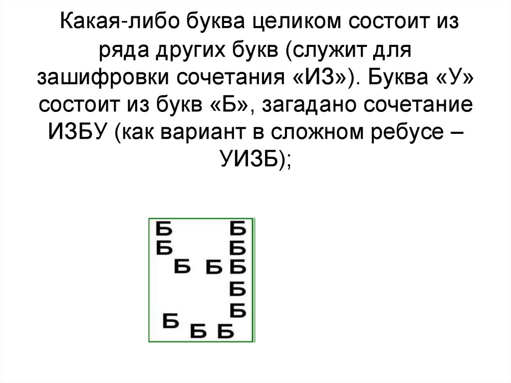 Какая-либо буква целиком состоит из ряда других букв (служит для зашифровки сочетания «ИЗ»). Буква «У» состоит из букв «Б»,