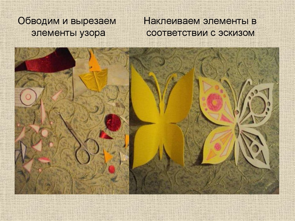 Обводим и вырезаем Наклеиваем элементы в элементы узора соответствии с эскизом
