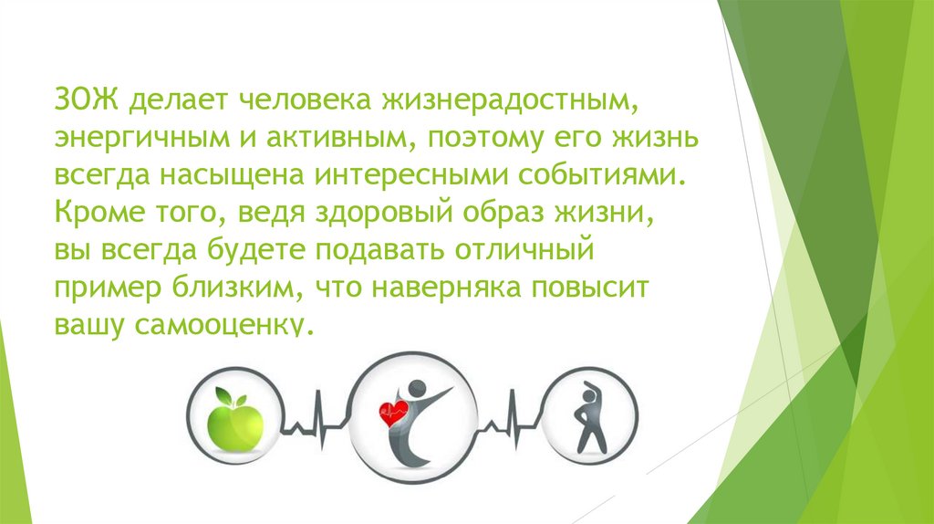 ЗОЖ делает человека жизнерадостным, энергичным и активным, поэтому его жизнь всегда насыщена интересными событиями. Кроме того,