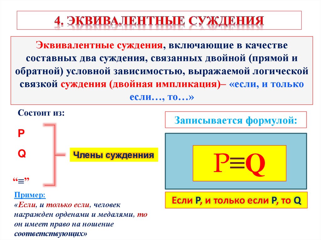 Эквивалент пример слов. Эквивалентные суждения в логике примеры. Эквивалентное суждение в логике. Условные суждения в логике примеры. Отрицательное суждение.