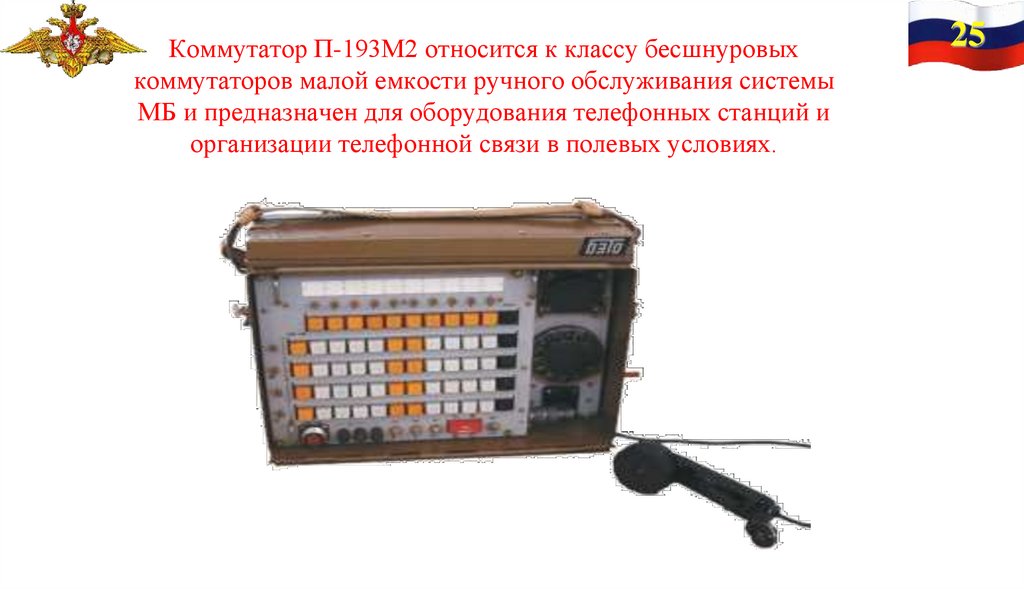 Коммутатор П-193М2 относится к классу бесшнуровых коммутаторов малой емкости ручного обслуживания системы МБ и предназначен для