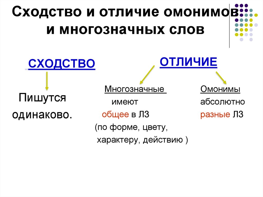 Сходство и отличие омонимов и многозначных слов.