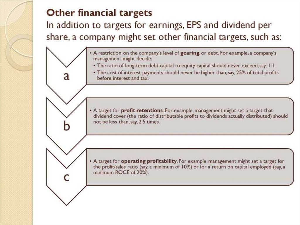 Other financial targets In addition to targets for earnings, EPS and dividend per share, a company might set other financial