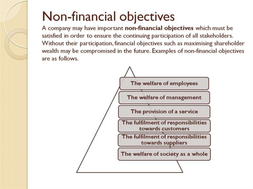 Non-financial objectives A company may have important non-financial objectives which must be satisfied in order to ensure the