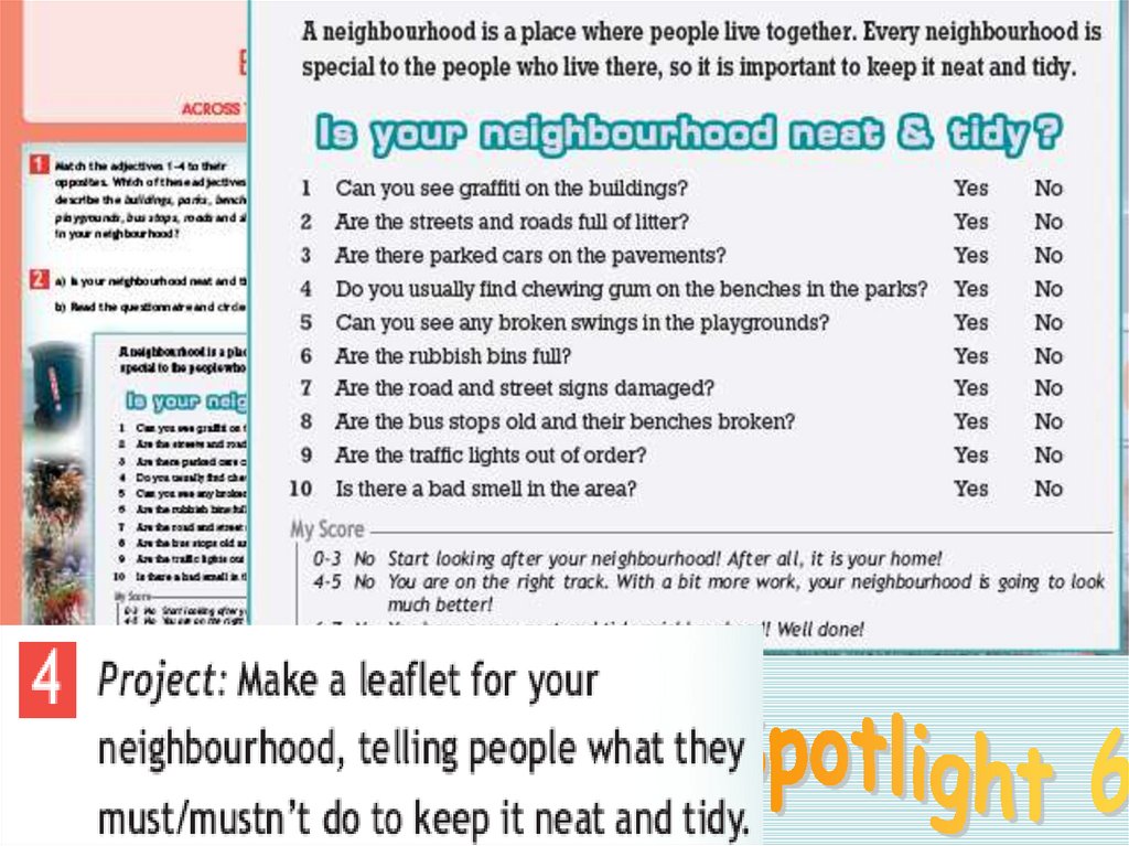 Look at the leaflet on p 57. Keep your neighbourhood neat and tidy leaflet. Who Lives there задание. Project: make a leaflet for your neighbourhood, telling people what they must/mustn't do to keep it neat and tidy.. Is your neighbourhood neat and tidy презентация.