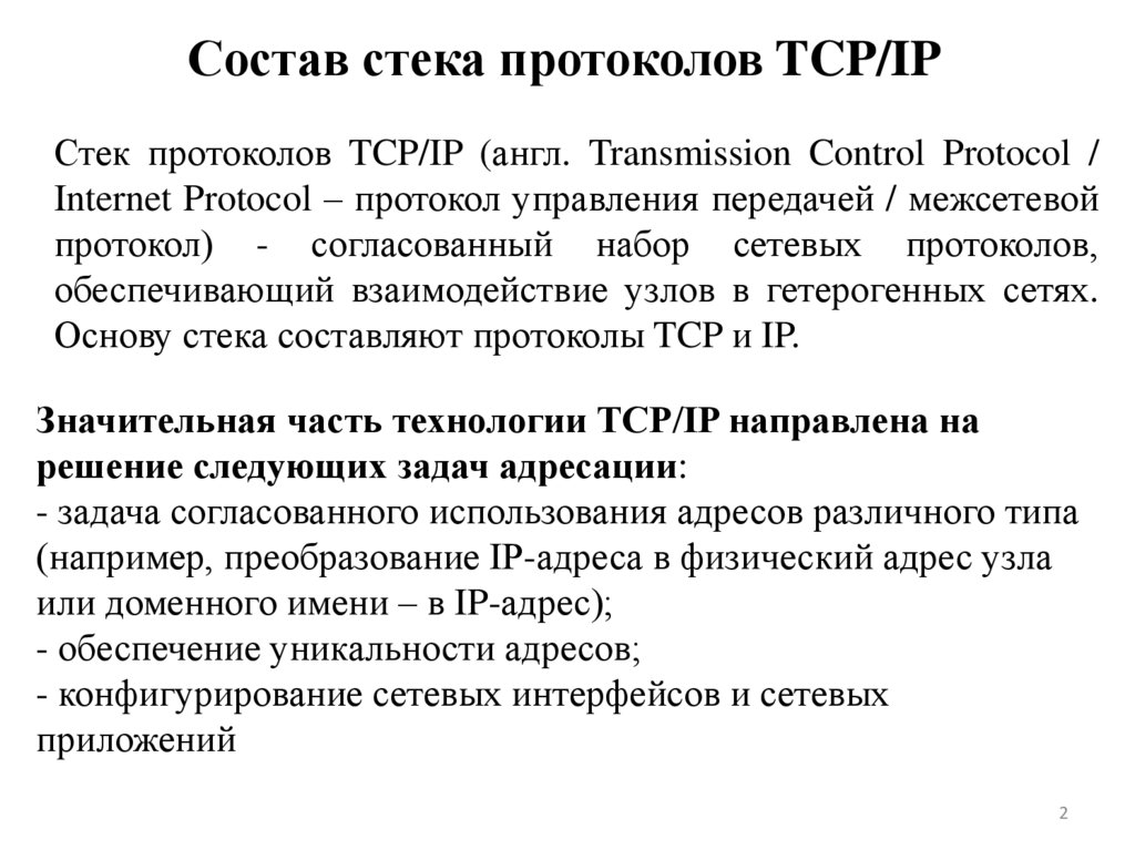 Состав стека протоколов TCP/IP