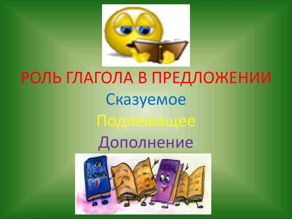 РОЛЬ ГЛАГОЛА В ПРЕДЛОЖЕНИИ Сказуемое Подлежащее Дополнение