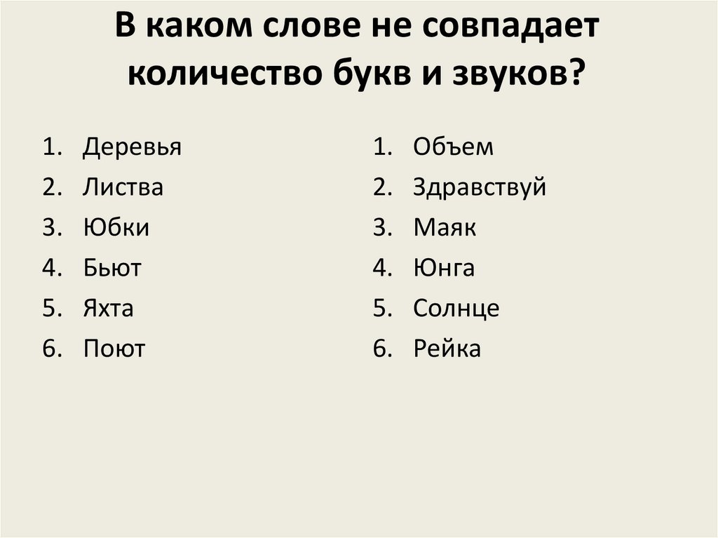 Зернышки сколько звуков. Слова в которых количество букв и звуков не совпадает. Количество звуков и букв в слове не совпадает. Количество букв и звуков в слове совпадает. В каком слове количество букв и звуков не совпадает.