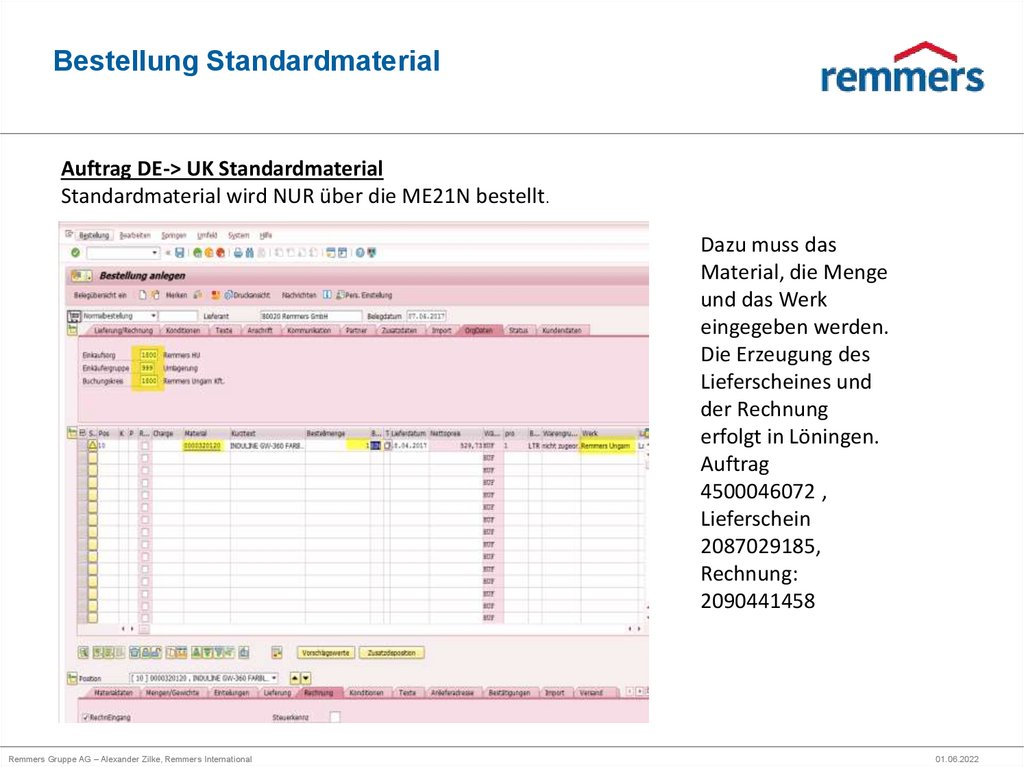 Bestellung Standardmaterial