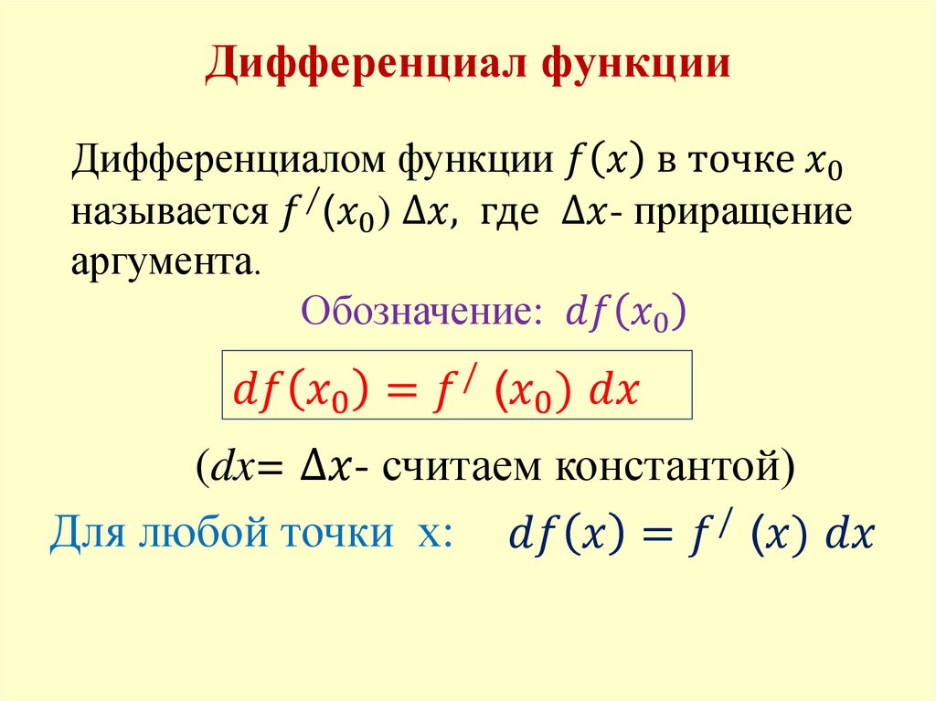 Выражение дифференциала. Формула нахождения дифференциала функции. Дифференциал возрастающей функции. Дифференциал функции в точке x0 формула. Как обозначается дифференциал функции.