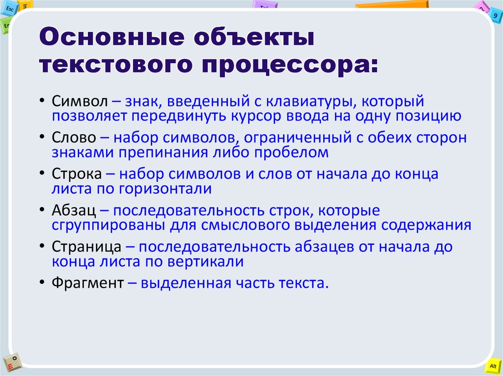 Урок текстовый процессор и его базовые возможности. Основные объекты текстового процессора. Основные объекты текста. Объекты текстового редактора. Основной объект текстового редактора это.