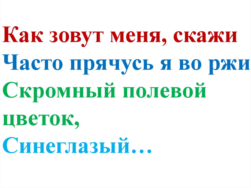 Как зовут меня, скажи Часто прячусь я во ржи Скромный полевой цветок, Синеглазый…