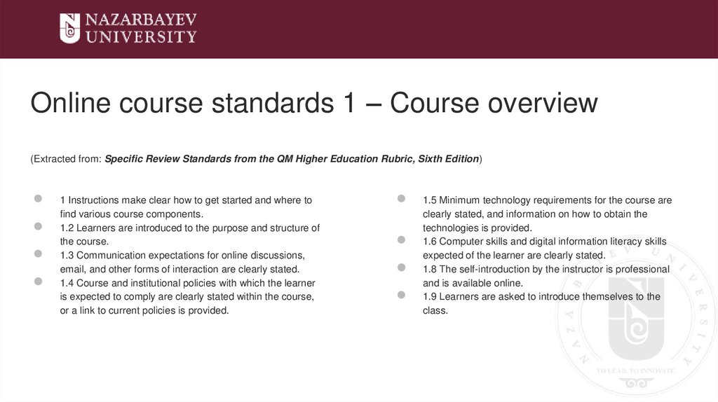 Online course standards 1 – Course overview (Extracted from: Specific Review Standards from the QM Higher Education Rubric,