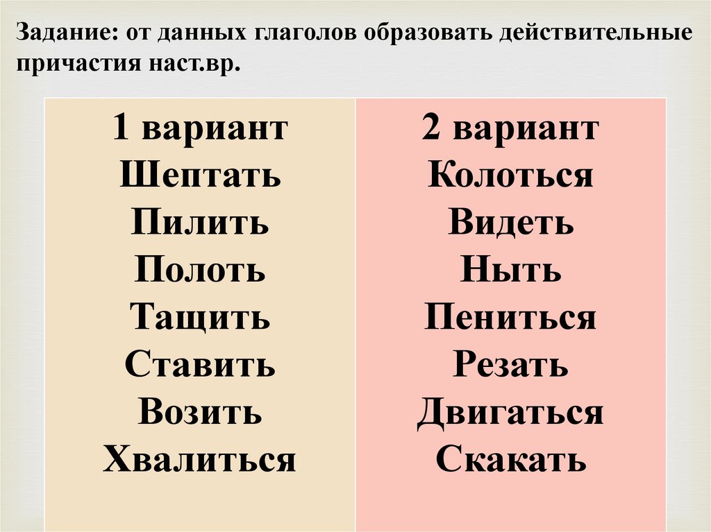 Образуй от глаголов действительные причастия