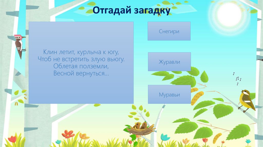 Клин летит, курлыча к югу, Чтоб не встретить злую вьюгу. Облетая полземли, Весной вернуться…