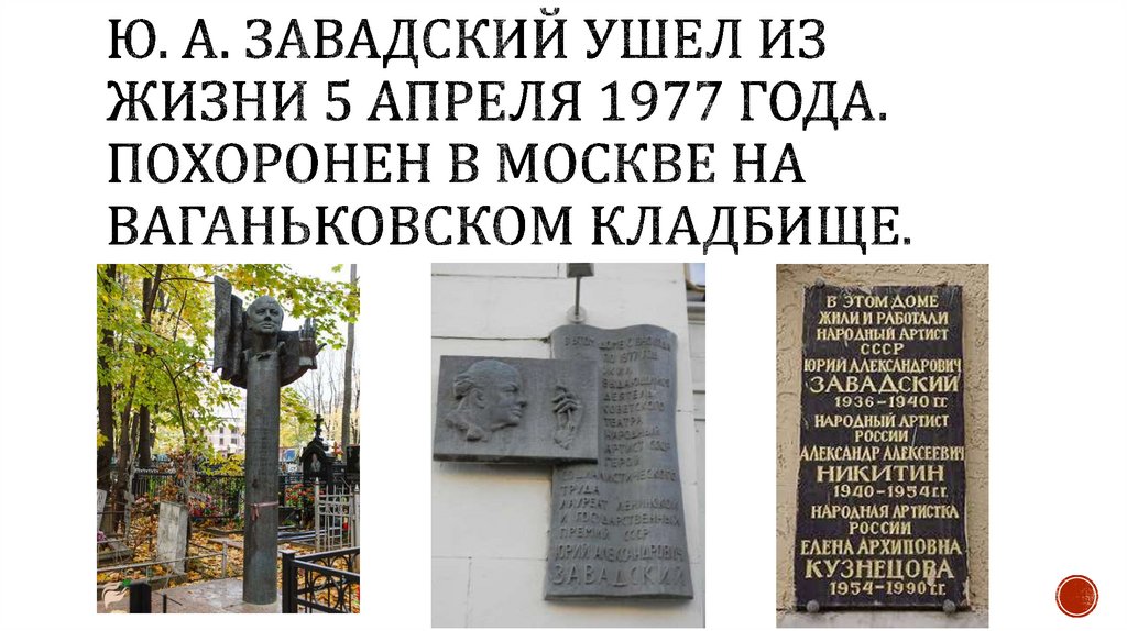 Ю. А. Завадский ушел из жизни 5 апреля 1977 года. Похоронен в Москве на Ваганьковском кладбище.