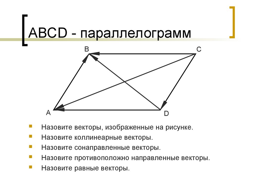 Векторы параллелограмма abcd. Противоположно направленные векторы в параллелограмме. Коллинеарные векторы в параллелограмме. Противоположные векторы в параллелограмме. Сонаправленные векторы в параллелограмме.