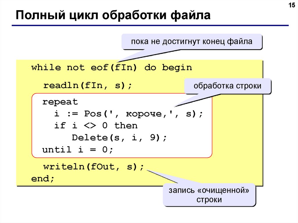 Окончания строк. Конец файла в Паскале. Цикл обработки файла. Пока не конец строки Паскаль. Конец строки в Паскале.