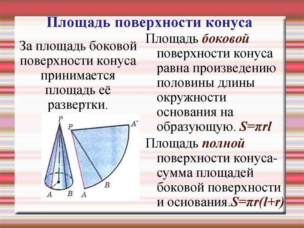 Поверхности конуса равна. Развёртка конуса формула боковой поверхности. Площадь боковой развертки конуса. Площадь развертки боковой поверхности конуса. Угол развертки боковой поверхности конуса.