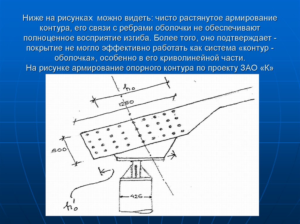 Ниже на рисунках можно видеть: чисто растянутое армирование контура, его связи с ребрами оболочки не обеспечивают полноценное