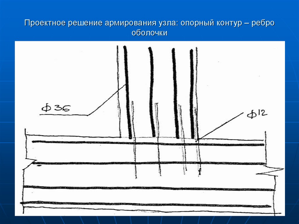 Проектное решение армирования узла: опорный контур – ребро оболочки