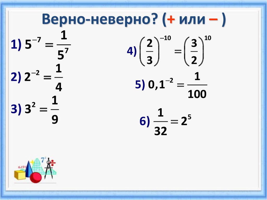 Верно неверно. Как решать примеры с отрицательными степенями. Число в минусовой степени. Минусовая степень числа как решать. Как вычитать отрицательные степени.