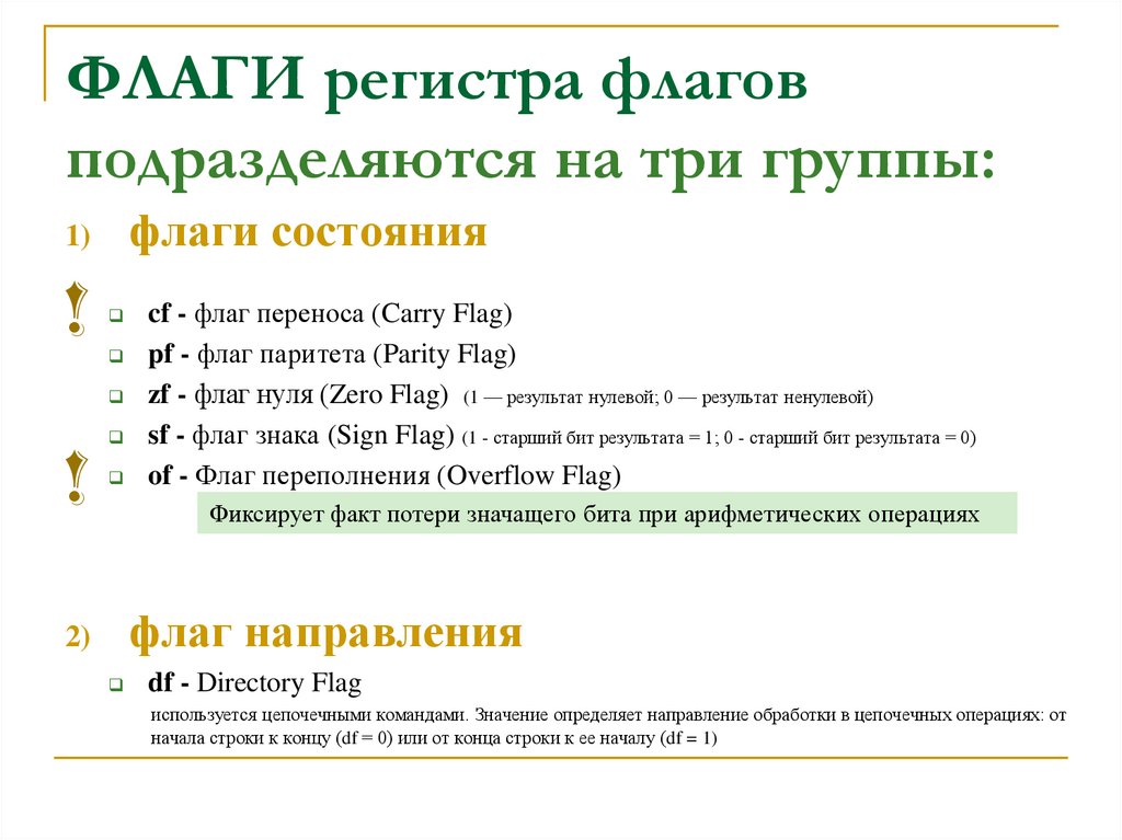 ФЛАГИ регистра флагов подразделяются на три группы: