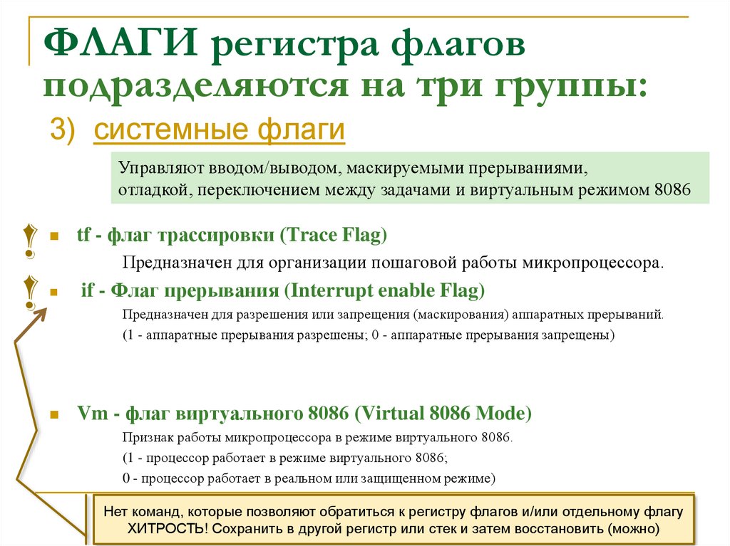 ФЛАГИ регистра флагов подразделяются на три группы: