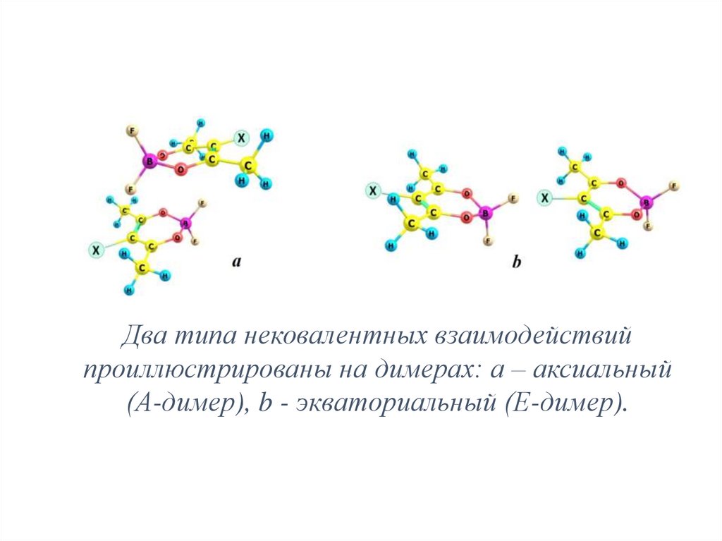 Два типа нековалентных взаимодействий проиллюстрированы на димерах: а – аксиальный (А-димер), b - экваториальный (Е-димер).